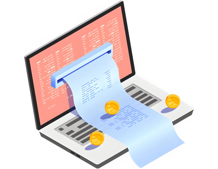 Ilustração de um notebook e com uma nota fiscal e moedas em cima